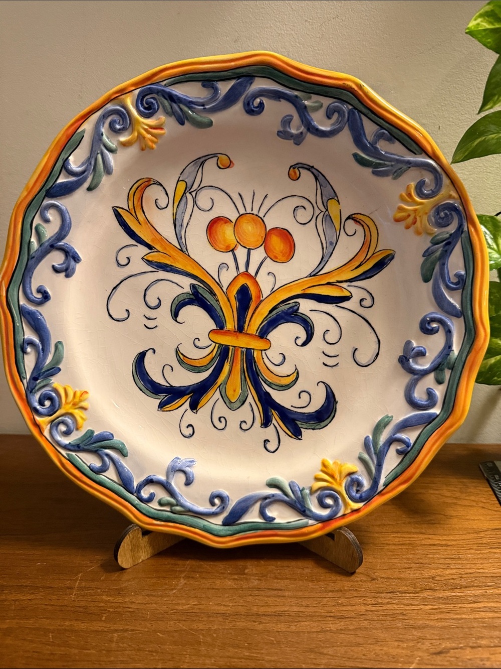 Handpainted Italian-Style Decorative Ceramic Charger - Yellow & Blue